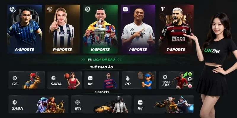 Sảnh thể thao UK88 với đa dạng nhà cung cấp kèo bóng đá và E-Sports